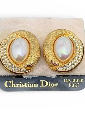 Vintage Christian Dior Germany  Pearl Rhinestone Earrings 14K Gold Post
